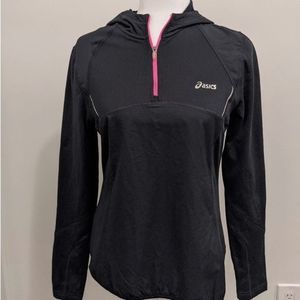 Women's ASICS Long Sleeve 1/4 Zip Top Black Pink Medium Hooded Heat Gear Running